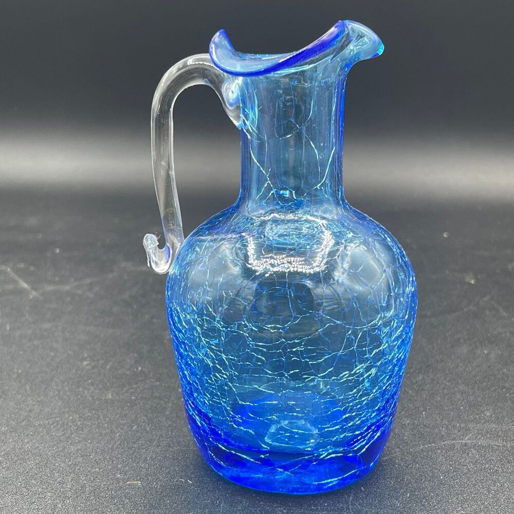 Vintage Vibrant Blue Crackle Glass Mini Pitcher Ruffled Rim Applied Handle